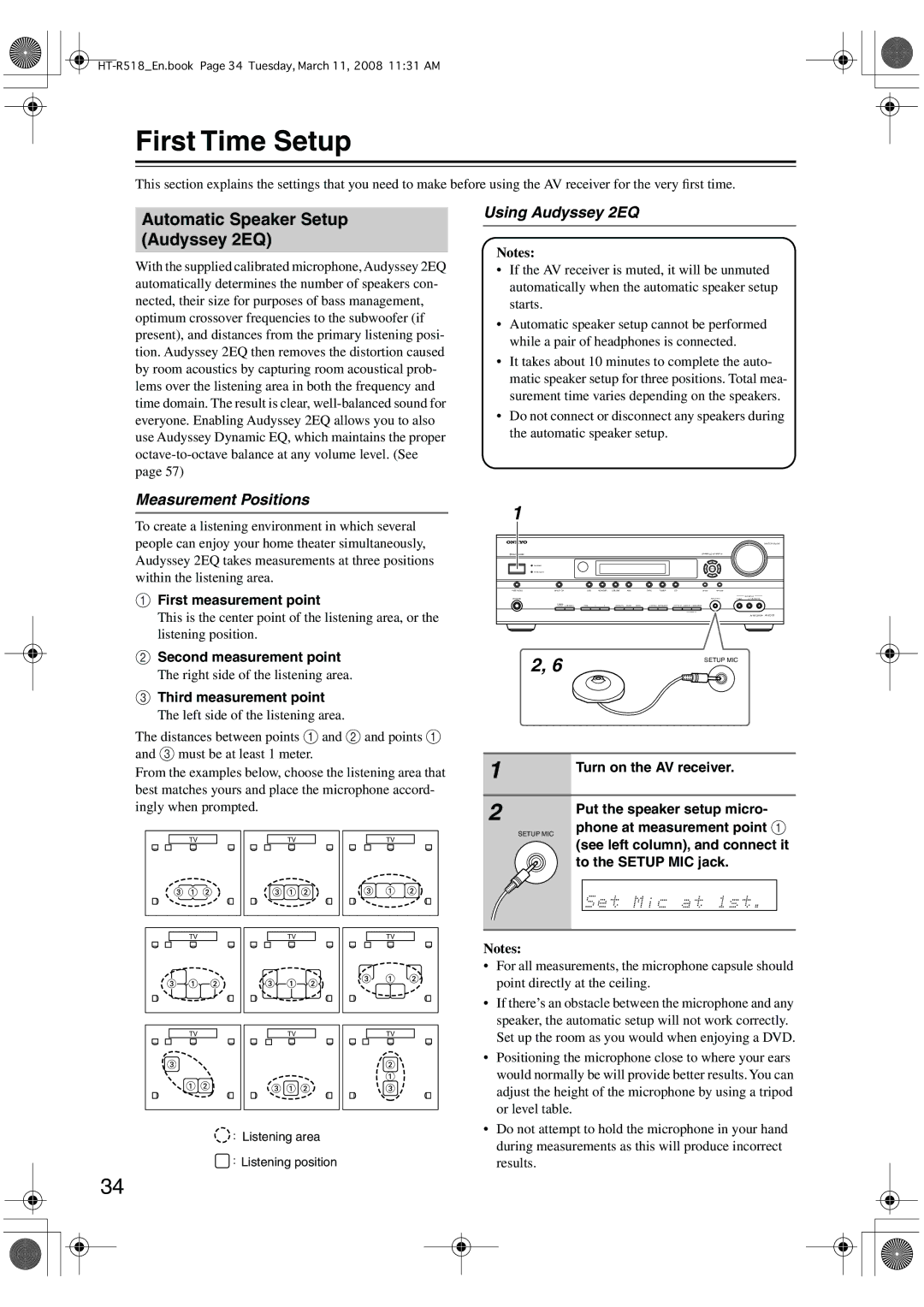Onkyo HT-R518 First Time Setup, Automatic Speaker Setup Audyssey 2EQ, Using Audyssey 2EQ, Measurement Positions 