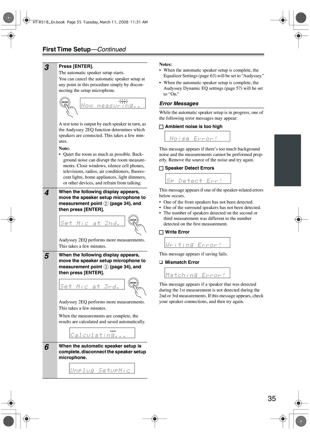 Onkyo HT-R518 instruction manual First Time Setup, Error Messages 