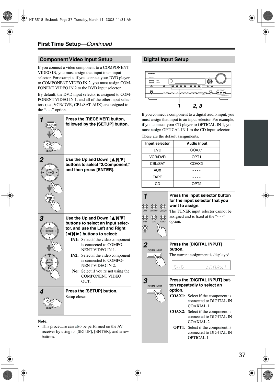 Onkyo HT-R518 instruction manual Component Video Input Setup, Digital Input Setup 