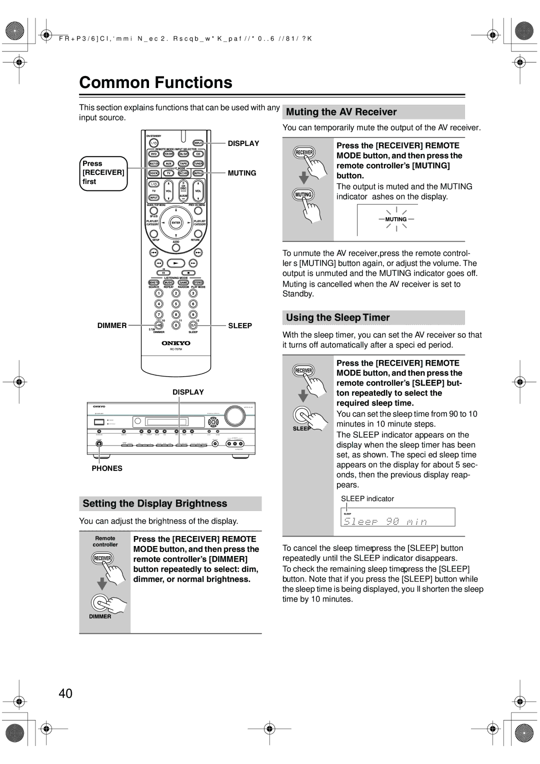 Onkyo HT-R518 Common Functions, Setting the Display Brightness, Muting the AV Receiver, Using the Sleep Timer 