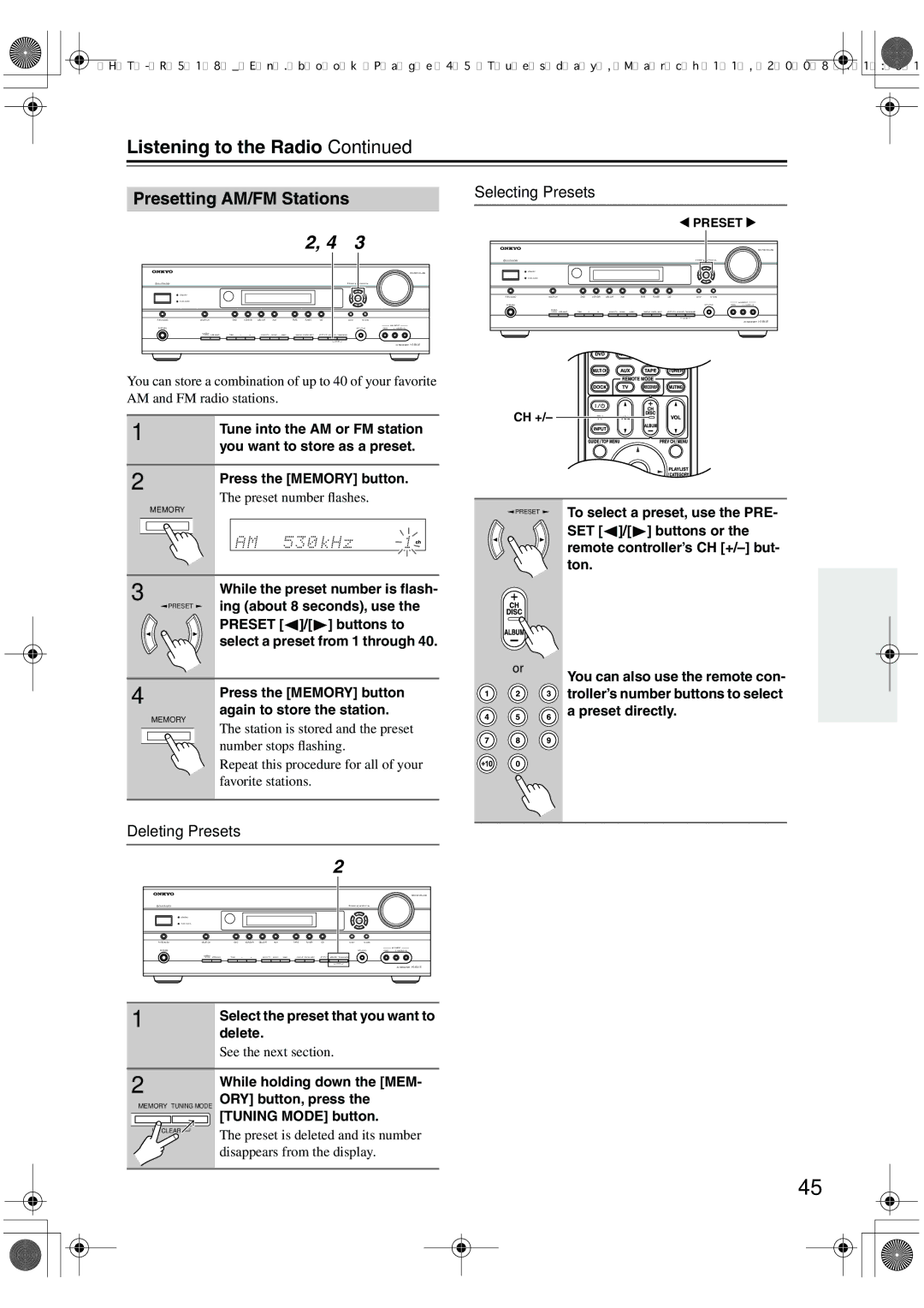 Onkyo HT-R518 instruction manual Presetting AM/FM Stations, Selecting Presets, Deleting Presets 