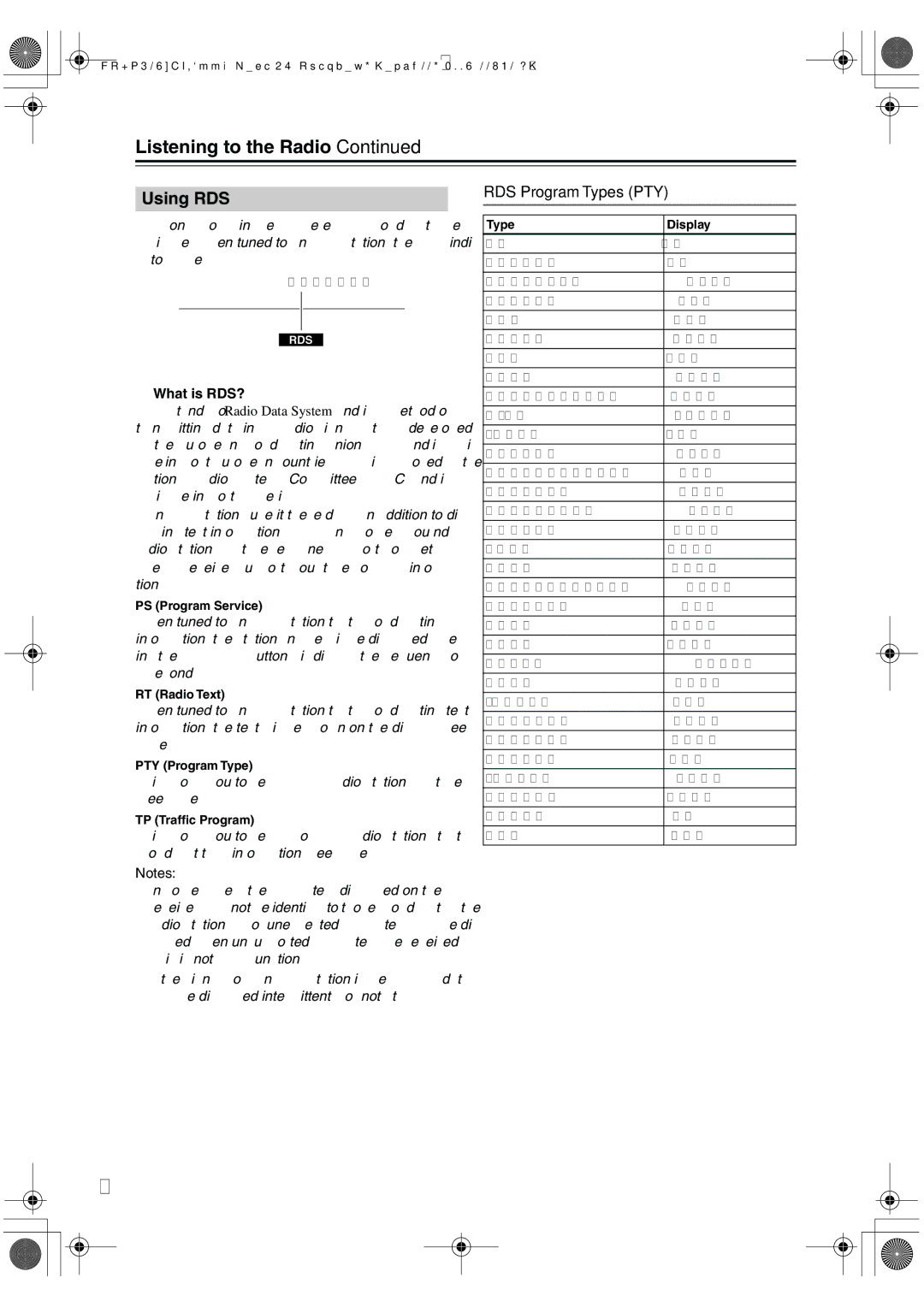 Onkyo HT-R518 Using RDS, RDS Program Types PTY, What is RDS?, This allows you to search RDS radio stations by type see 