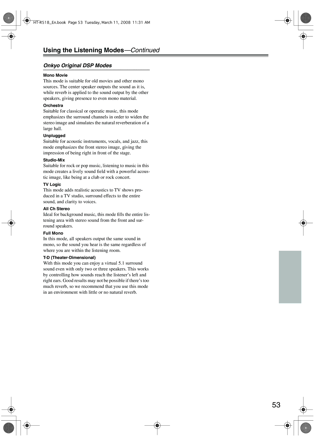 Onkyo HT-R518 instruction manual Onkyo Original DSP Modes 