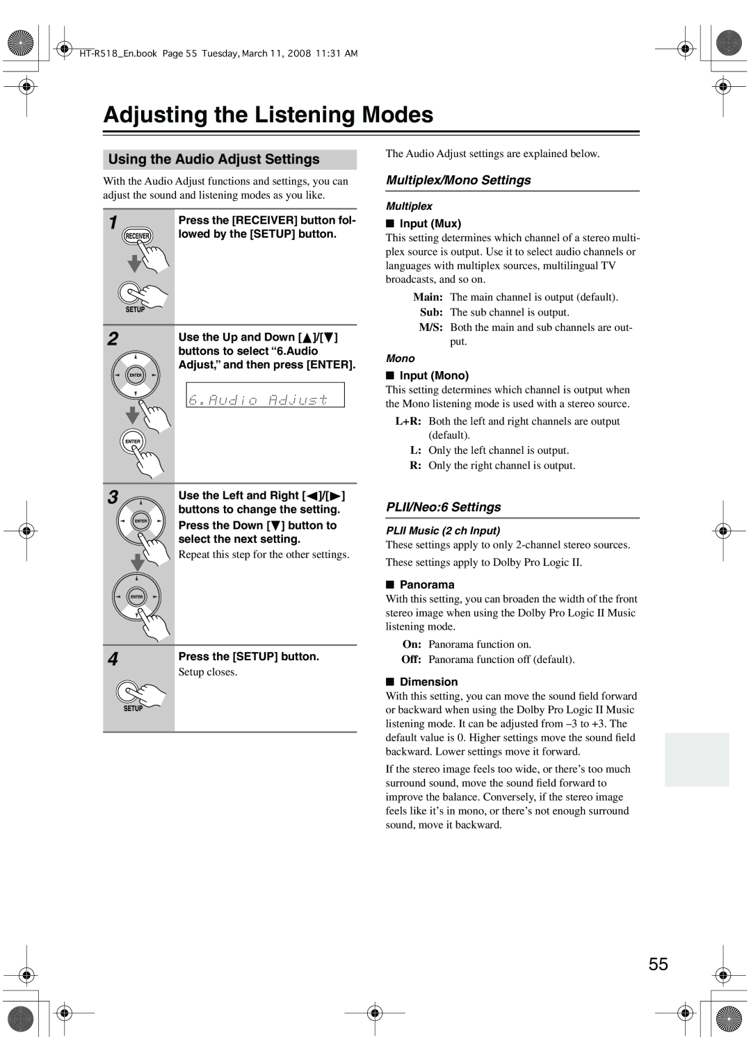 Onkyo HT-R518 Adjusting the Listening Modes, Using the Audio Adjust Settings, Multiplex/Mono Settings, PLII/Neo6 Settings 