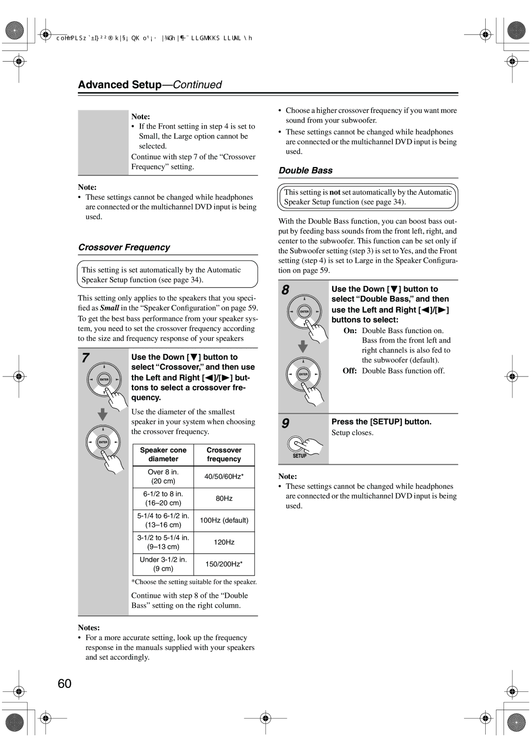 Onkyo HT-R518 instruction manual Advanced Setup, Crossover Frequency, Double Bass 