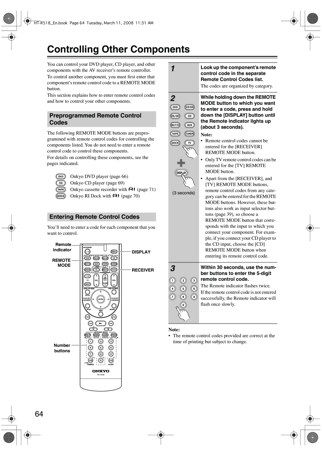 Onkyo HT-R518 Controlling Other Components, Preprogrammed Remote Control Codes, Entering Remote Control Codes 