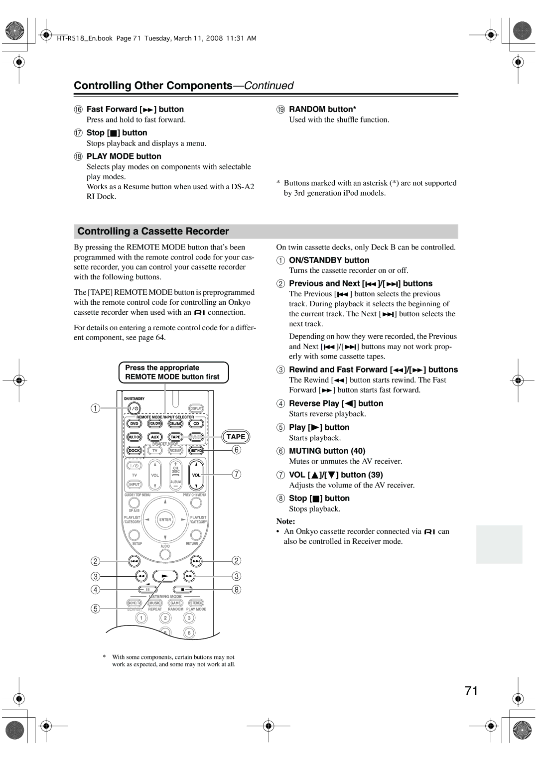 Onkyo HT-R518 instruction manual Controlling a Cassette Recorder 