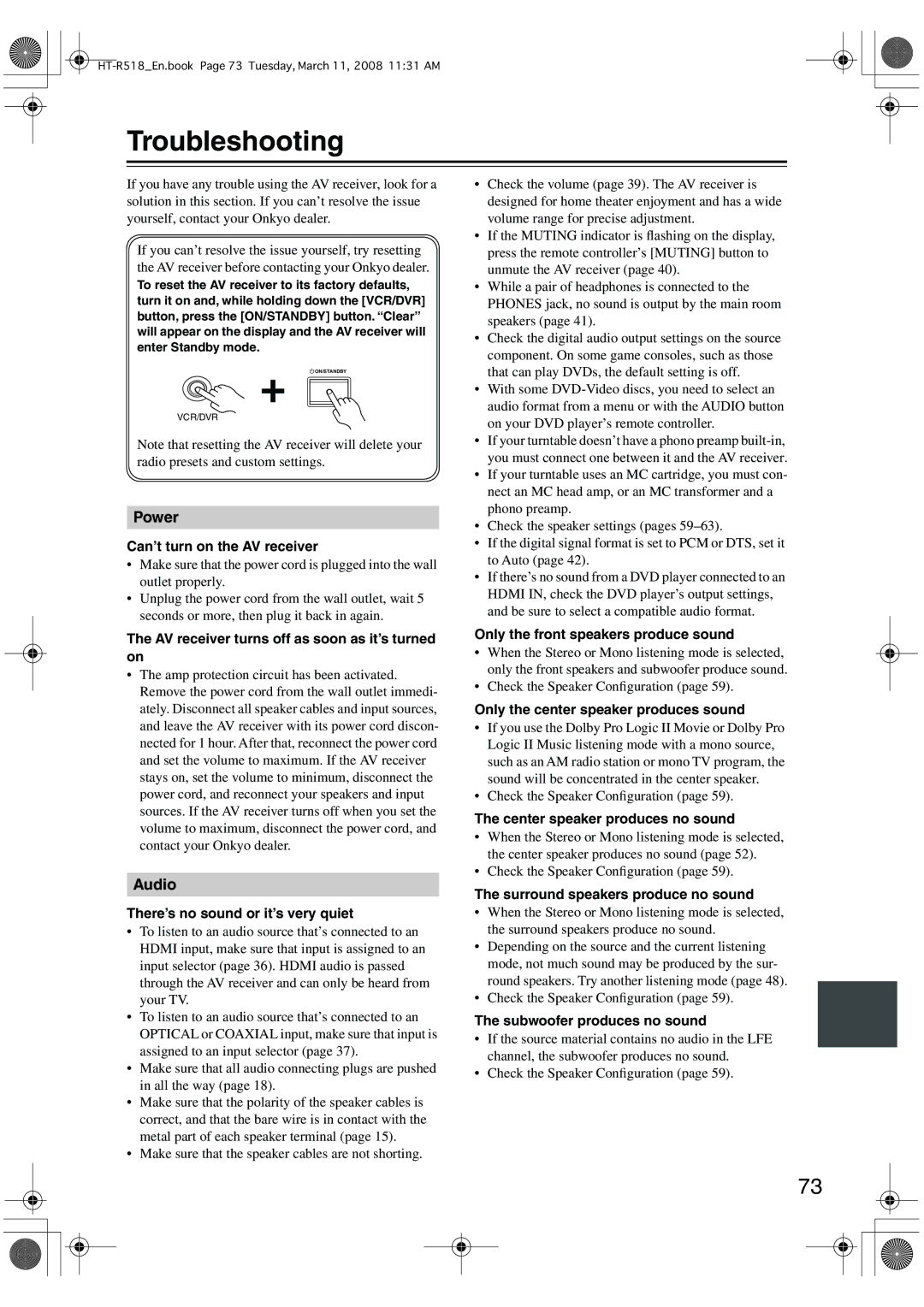 Onkyo HT-R518 instruction manual Troubleshooting 