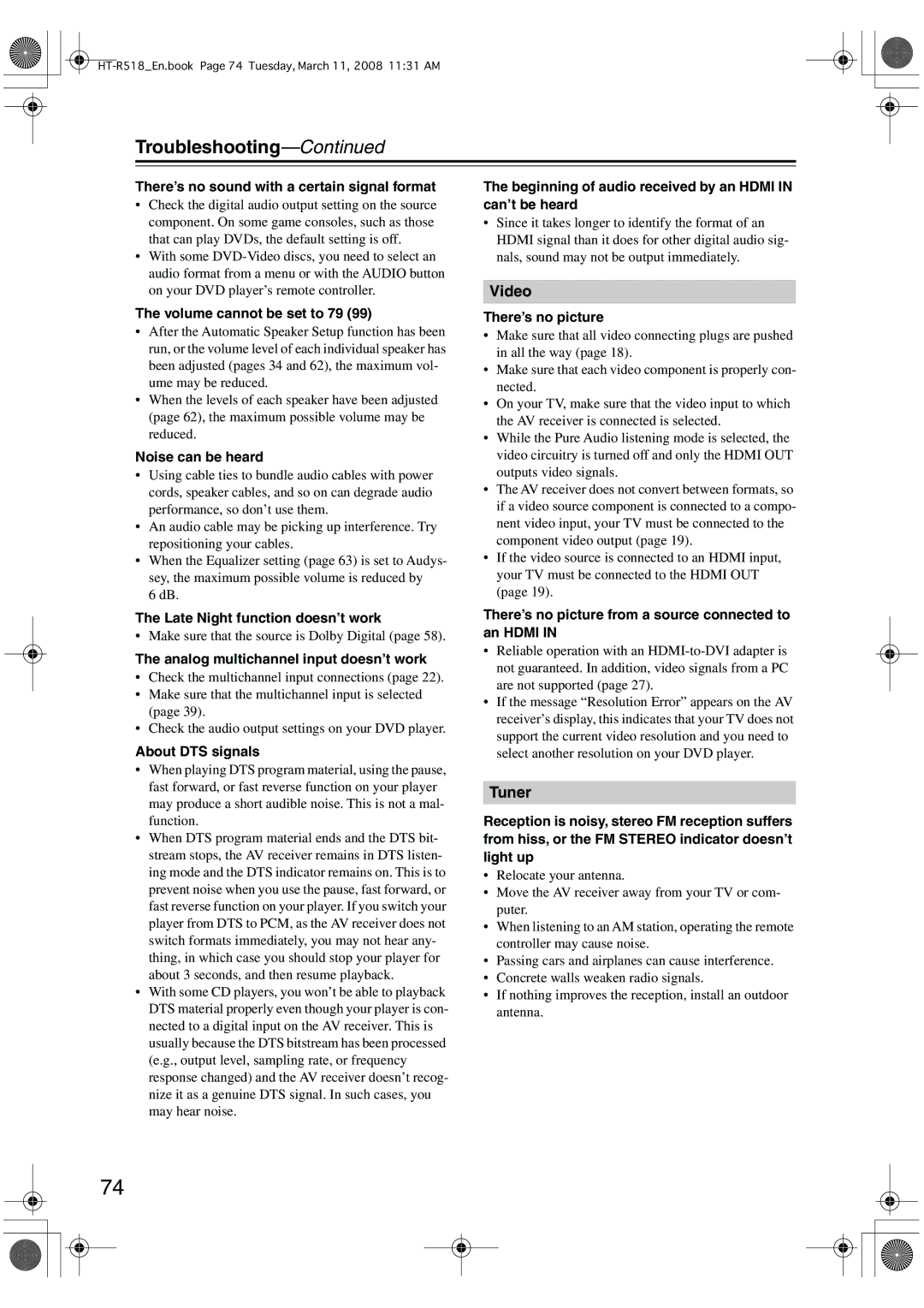 Onkyo HT-R518 instruction manual Troubleshooting 