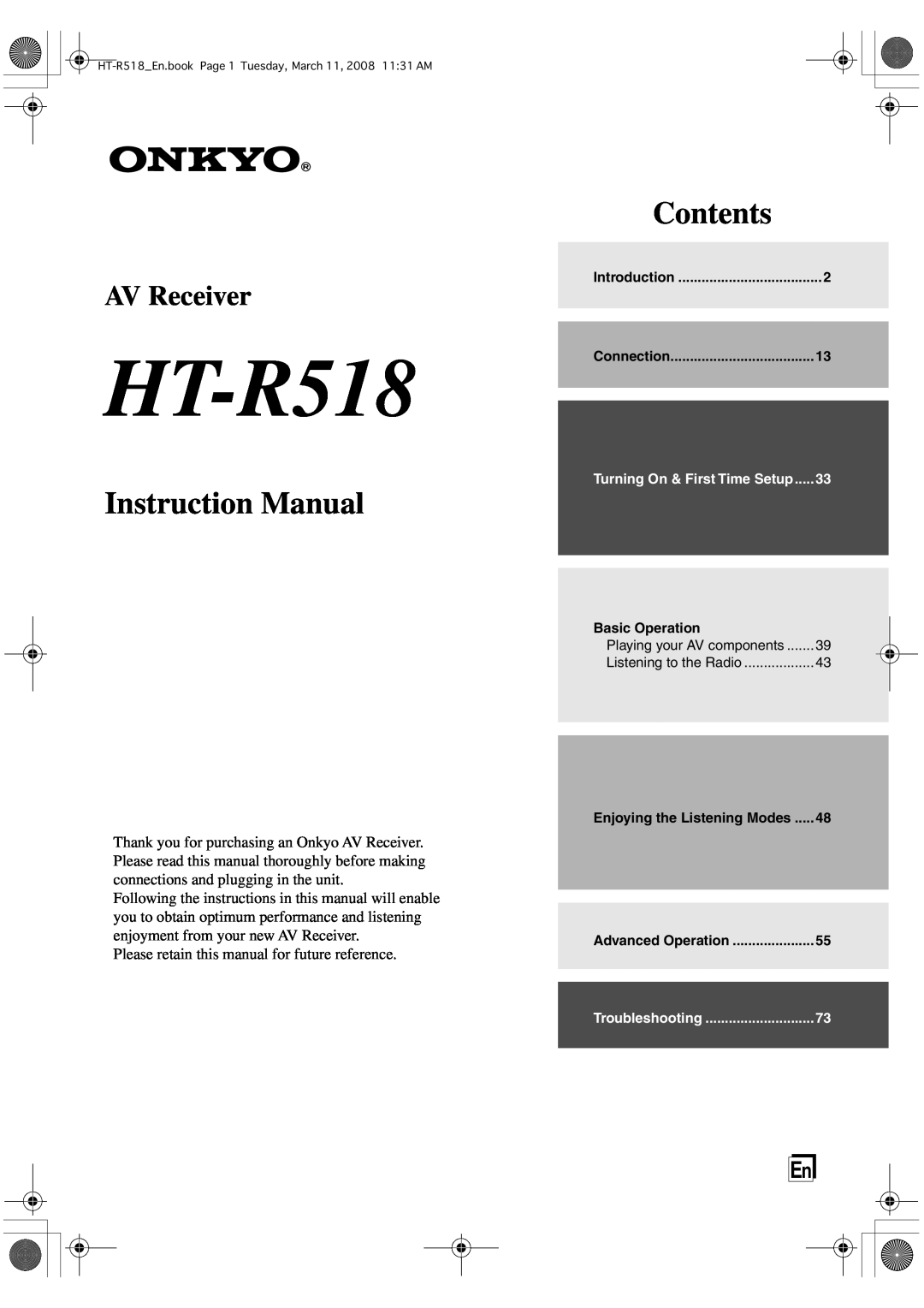 Onkyo HT-R518 instruction manual Contents, AV Receiver 
