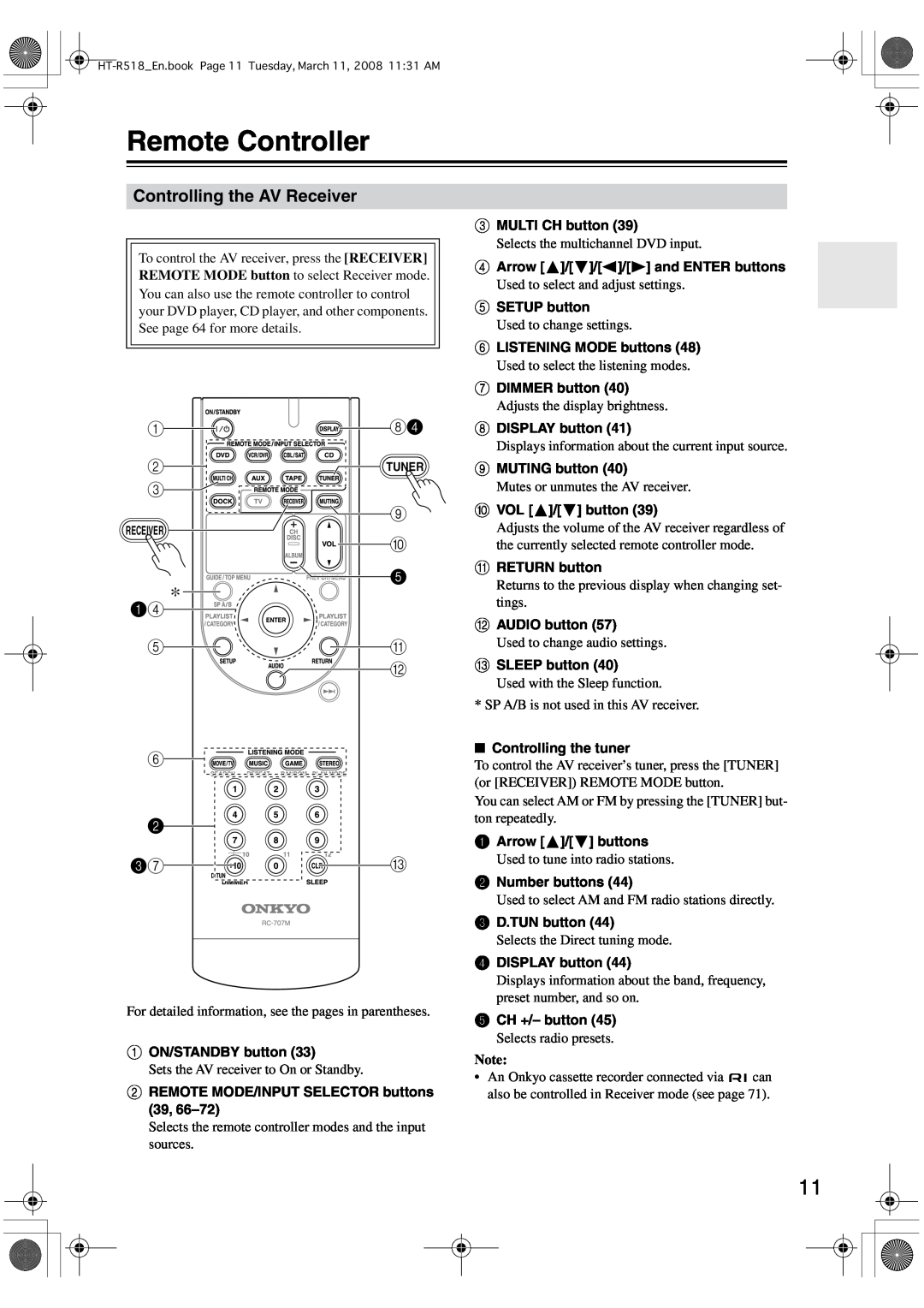 Onkyo HT-R518 instruction manual Remote Controller, Controlling the AV Receiver 