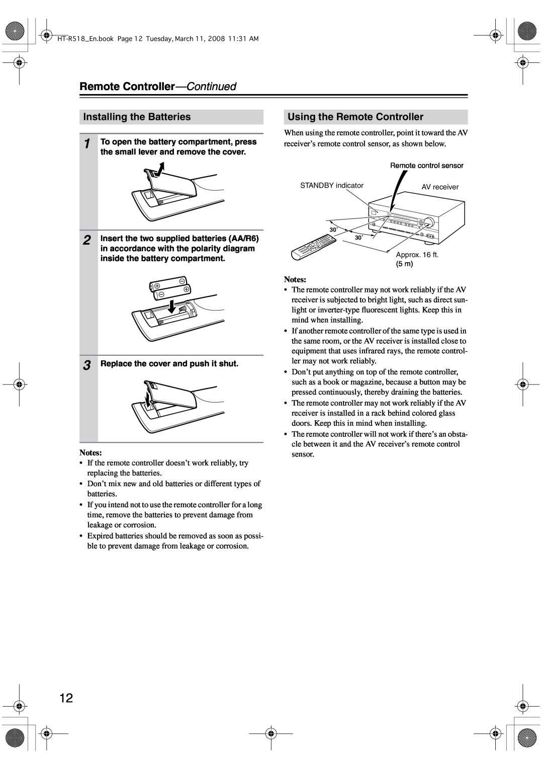 Onkyo HT-R518 instruction manual Remote Controller-Continued, Installing the Batteries, Using the Remote Controller 