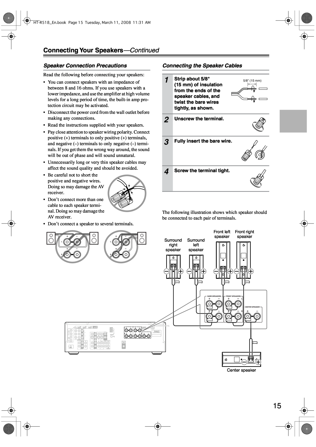Onkyo HT-R518 Speaker Connection Precautions, Connecting the Speaker Cables, Connecting Your Speakers-Continued 