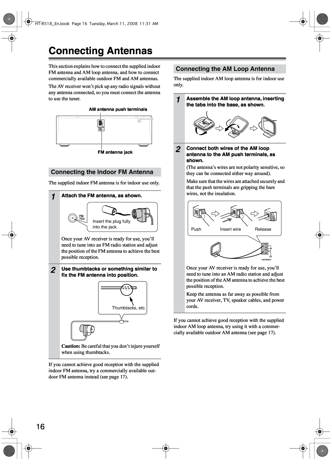 Onkyo HT-R518 instruction manual Connecting Antennas, Connecting the Indoor FM Antenna, Connecting the AM Loop Antenna 
