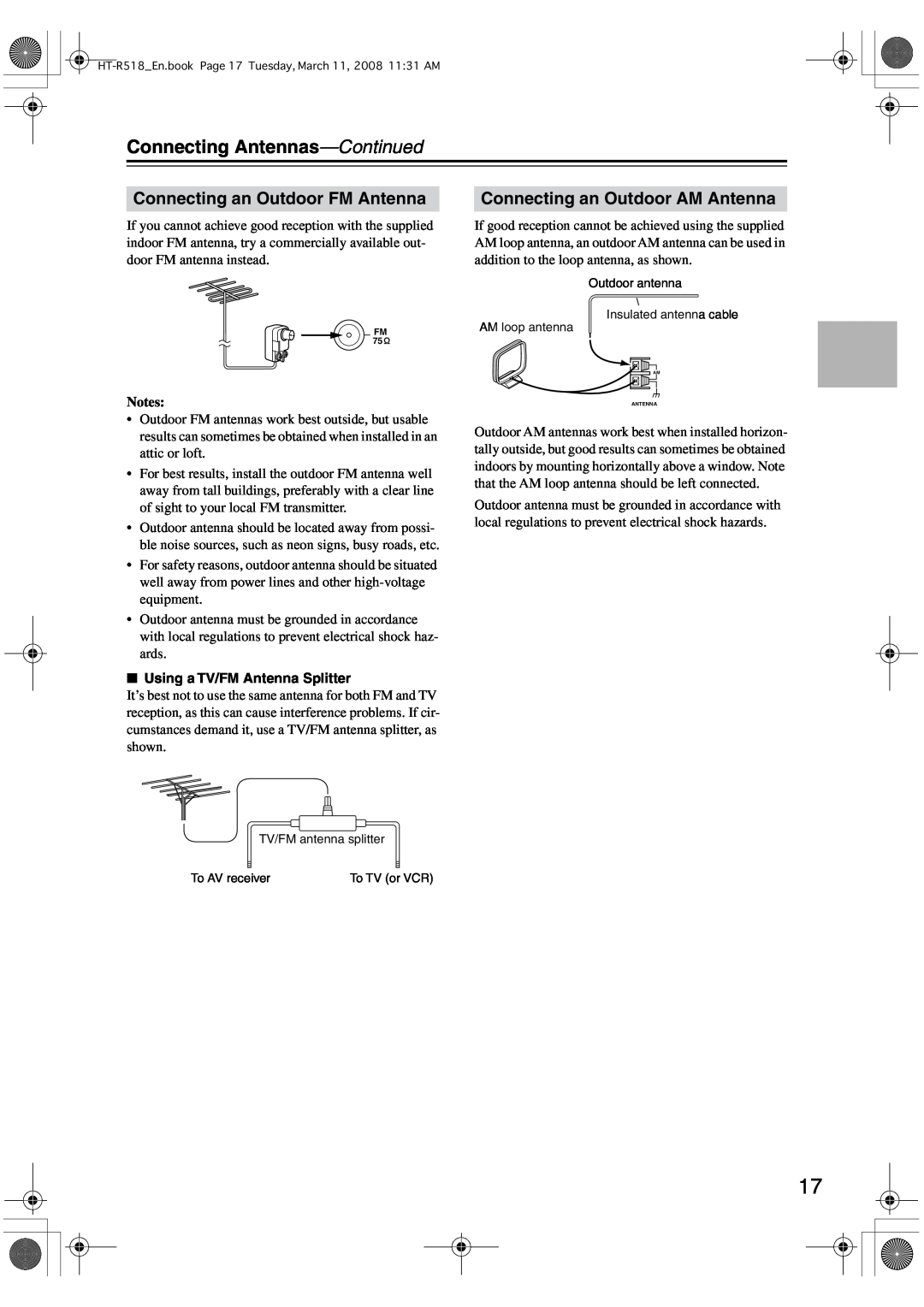 Onkyo HT-R518 Connecting Antennas-Continued, Connecting an Outdoor FM Antenna, Connecting an Outdoor AM Antenna 