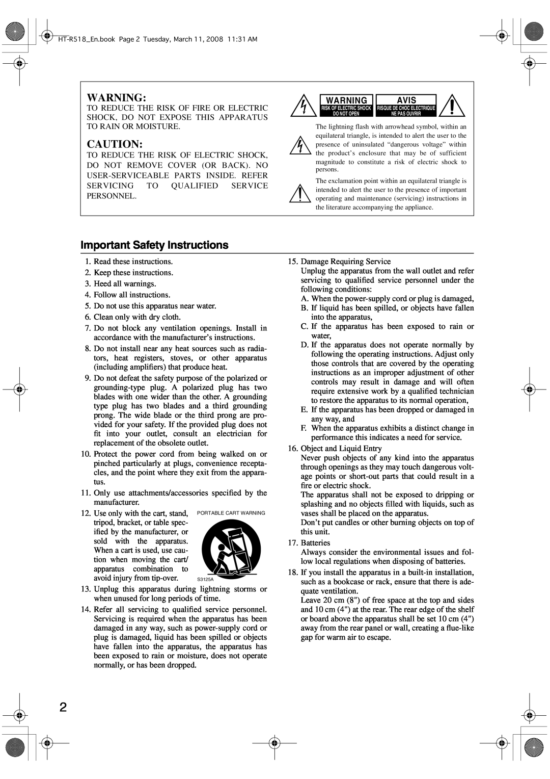 Onkyo HT-R518 instruction manual Important Safety Instructions, Avis 