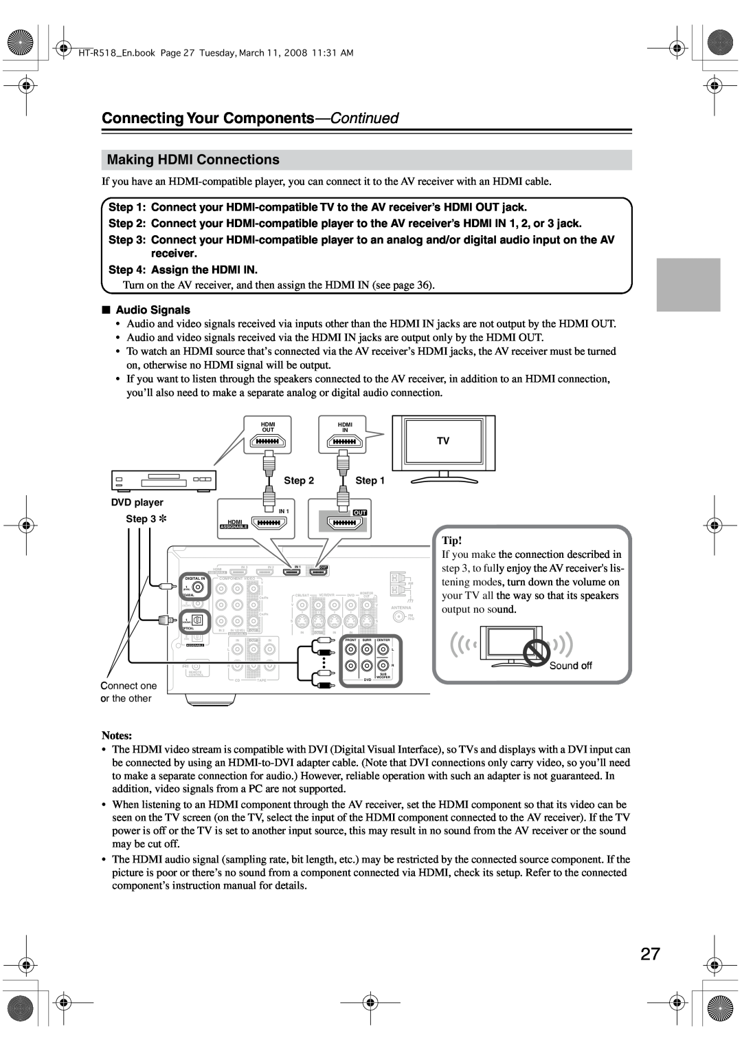 Onkyo HT-R518 instruction manual Making HDMI Connections, Connecting Your Components-Continued 