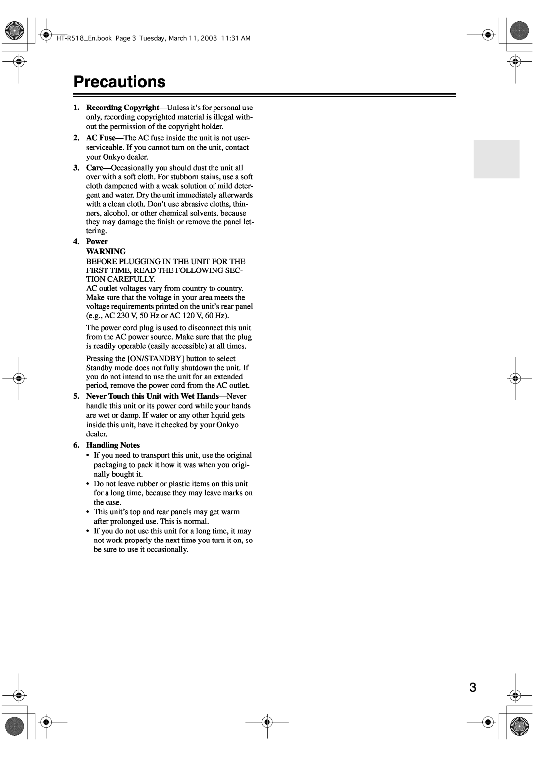 Onkyo HT-R518 instruction manual Precautions, Power, Handling Notes 