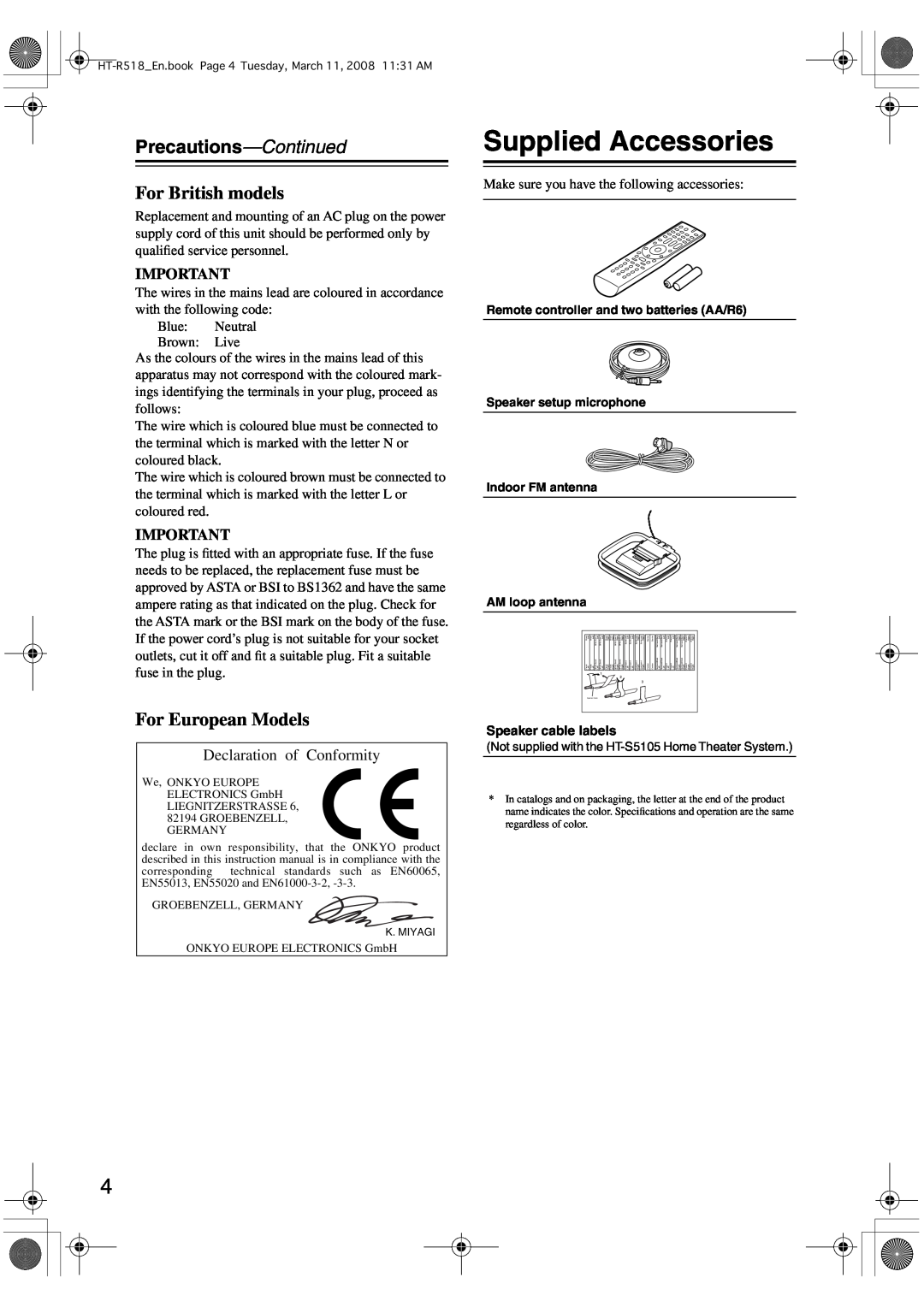 Onkyo HT-R518 instruction manual Supplied Accessories, Precautions-Continued, For British models, For European Models 
