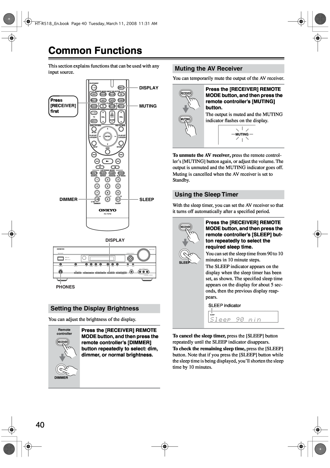 Onkyo HT-R518 Common Functions, Setting the Display Brightness, Muting the AV Receiver, Using the Sleep Timer 