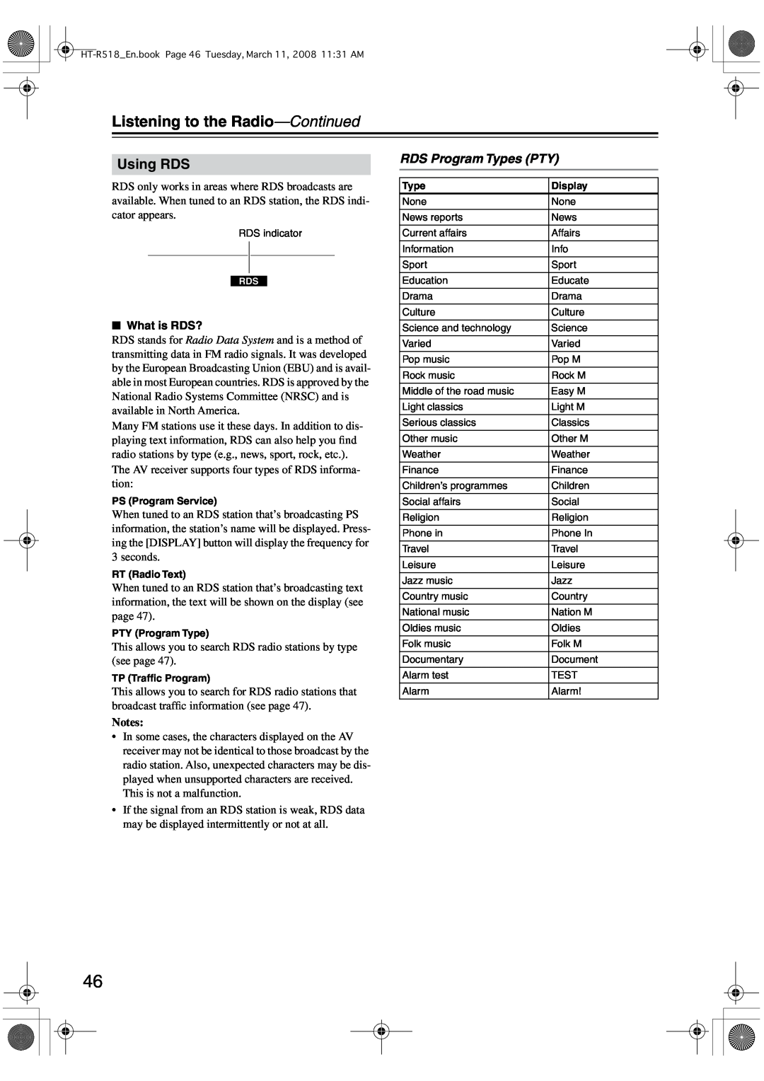 Onkyo HT-R518 instruction manual Using RDS, RDS Program Types PTY, Listening to the Radio-Continued 