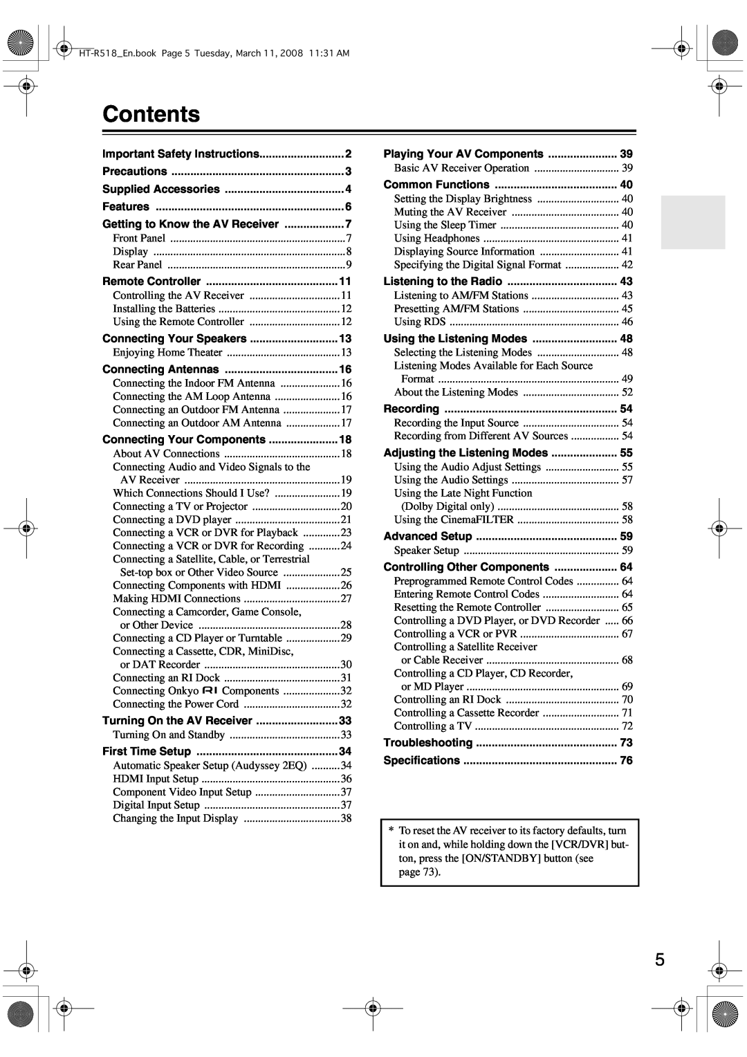 Onkyo HT-R518 instruction manual Contents 