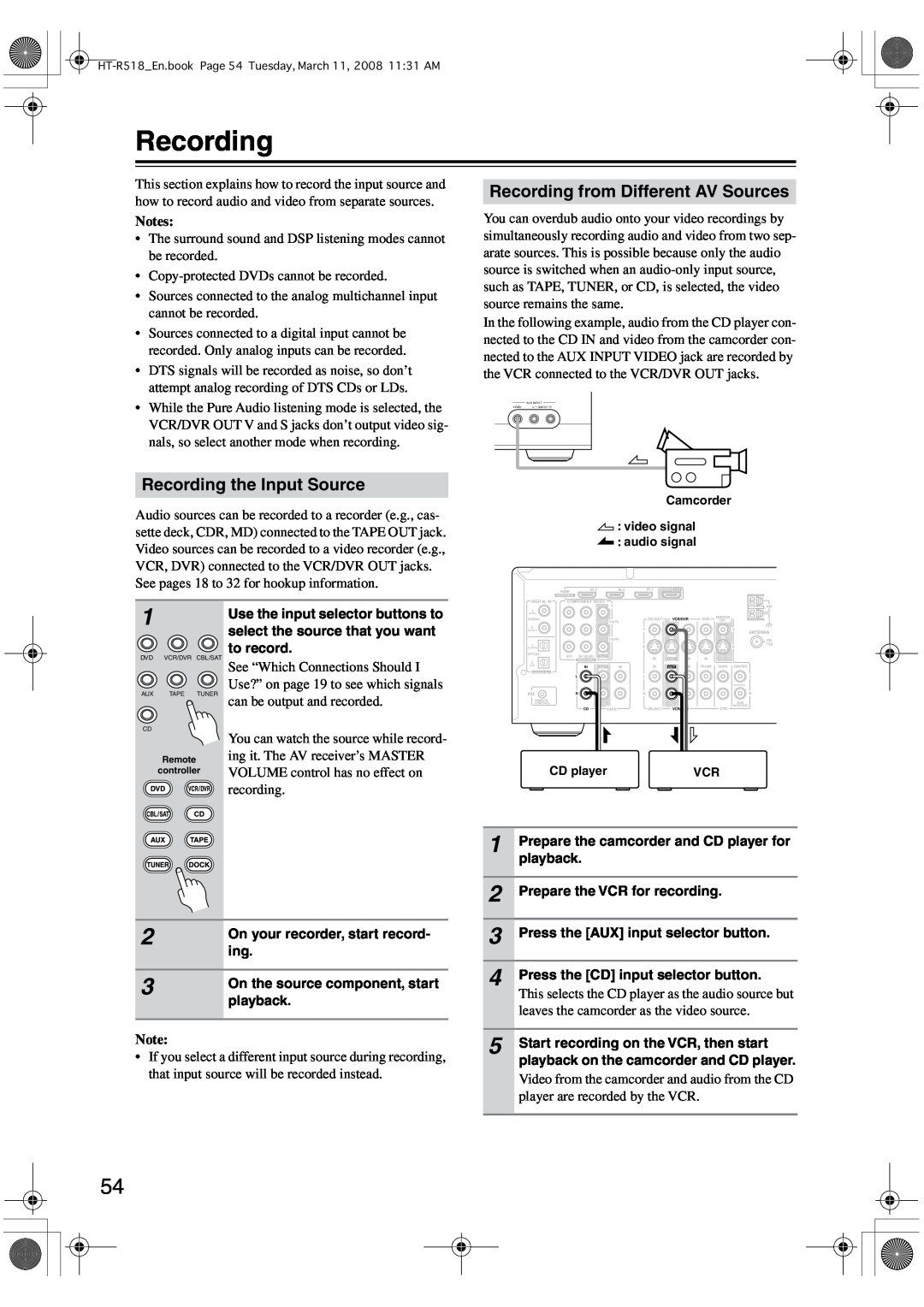 Onkyo HT-R518 instruction manual Recording the Input Source, Recording from Different AV Sources 