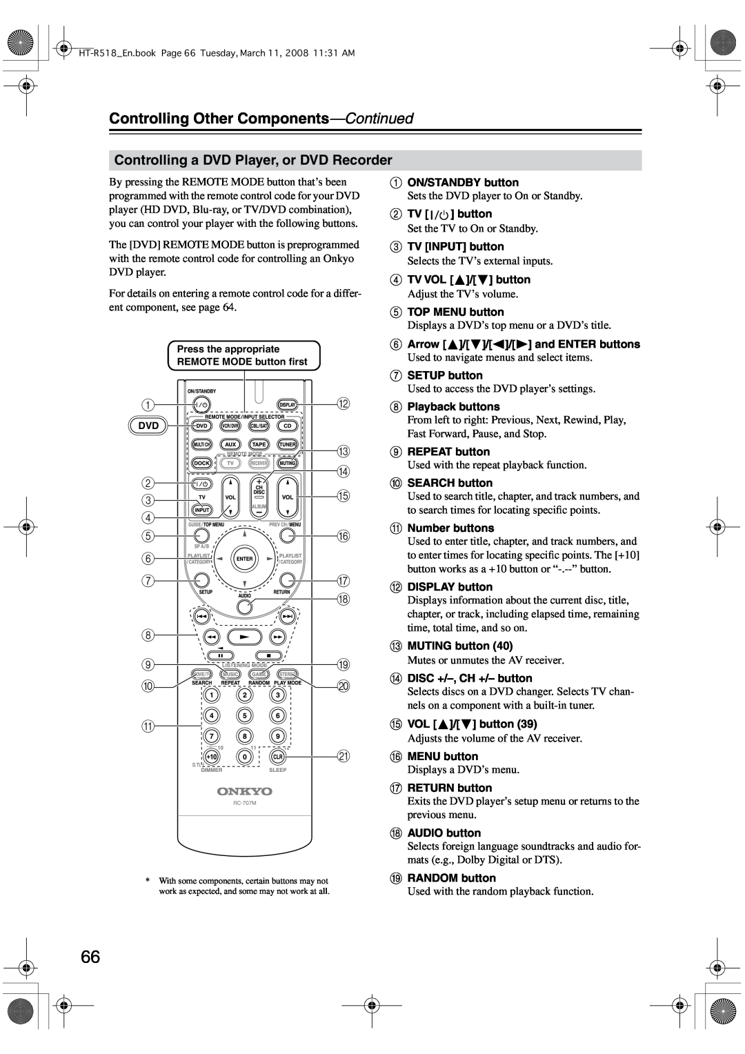 Onkyo HT-R518 instruction manual Controlling a DVD Player, or DVD Recorder, Controlling Other Components-Continued 