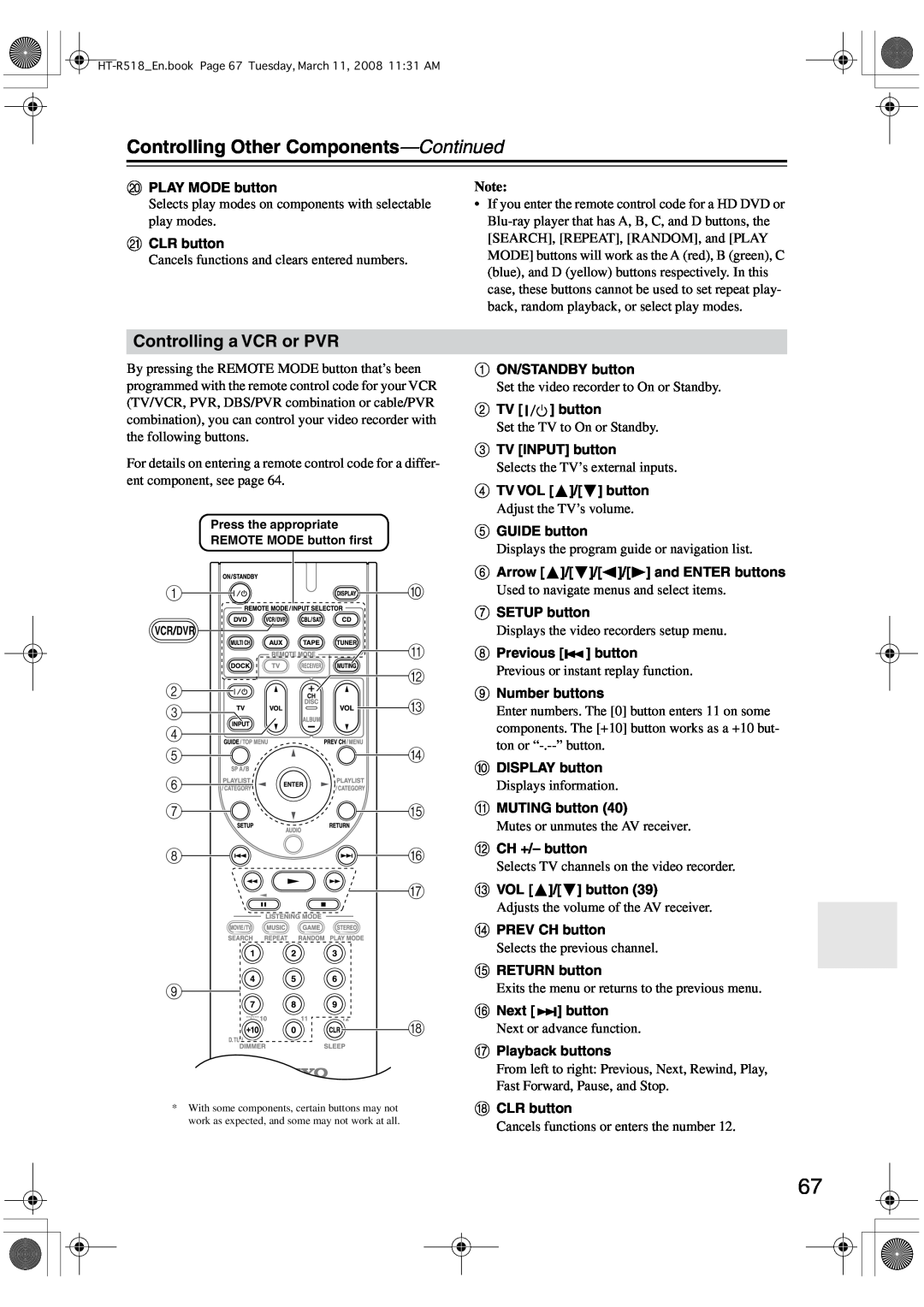 Onkyo HT-R518 instruction manual Controlling a VCR or PVR, Controlling Other Components-Continued 