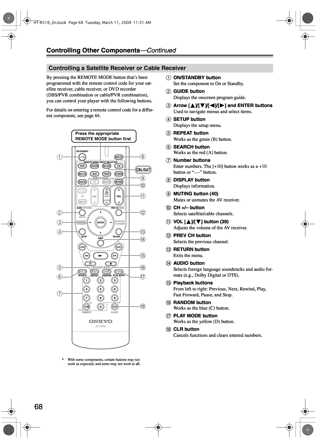 Onkyo HT-R518 instruction manual Controlling Other Components-Continued, AON/STANDBY button 