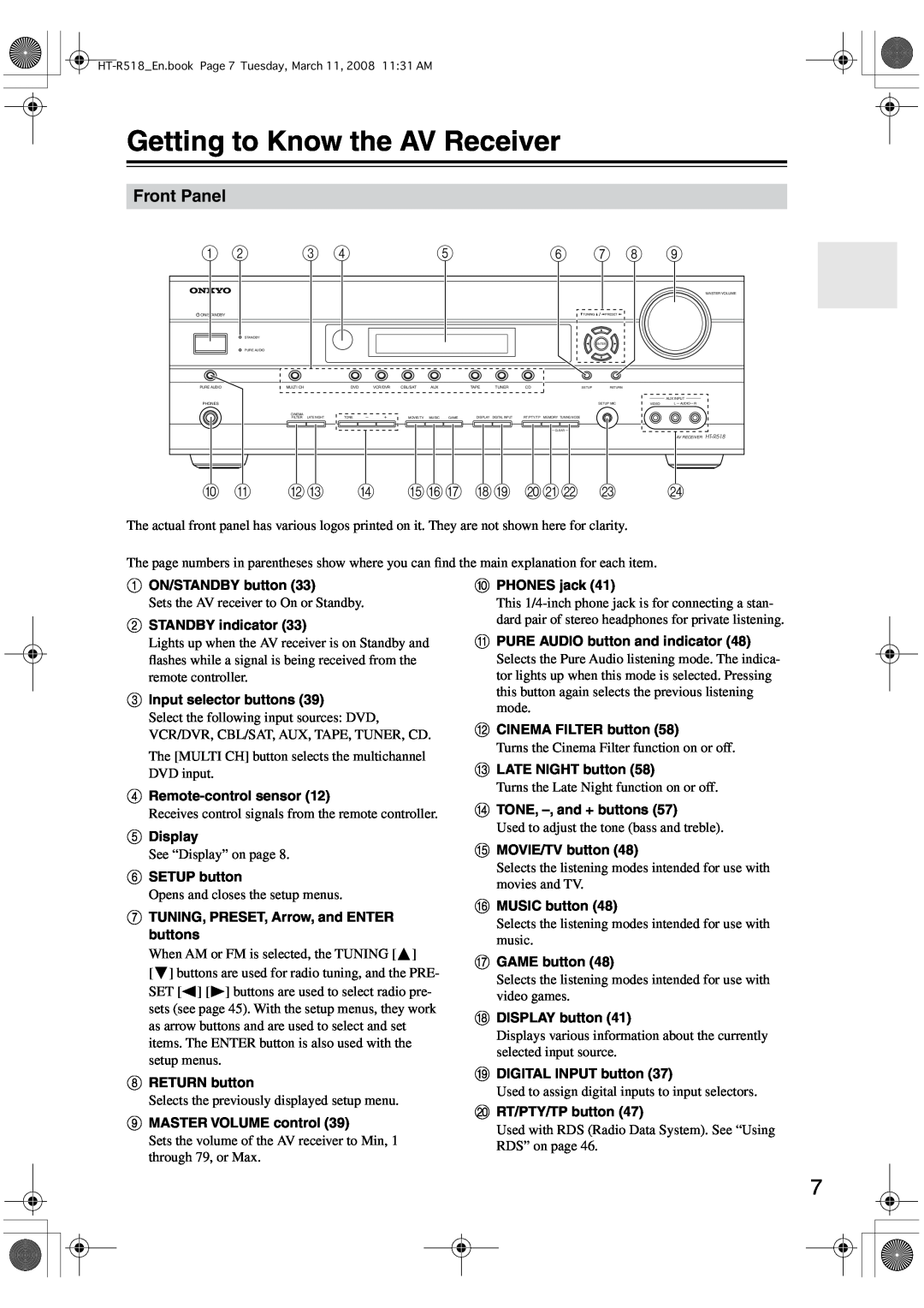 Onkyo HT-R518 instruction manual Getting to Know the AV Receiver, Front Panel 