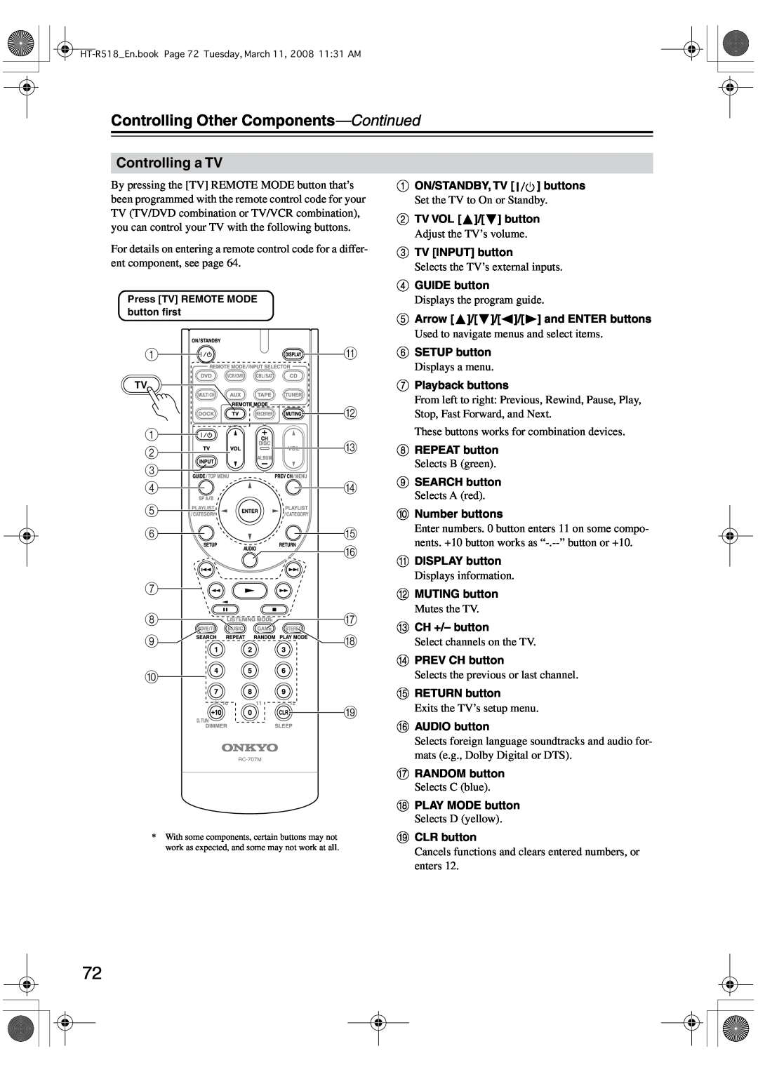 Onkyo HT-R518 instruction manual Controlling a TV, Controlling Other Components-Continued 
