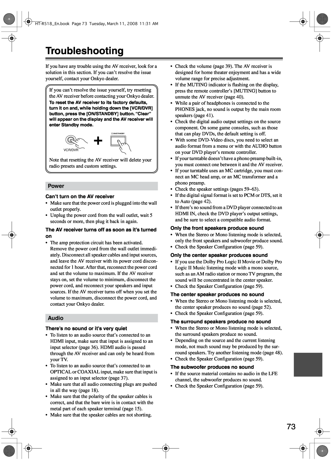 Onkyo HT-R518 instruction manual Troubleshooting, Power, Audio 