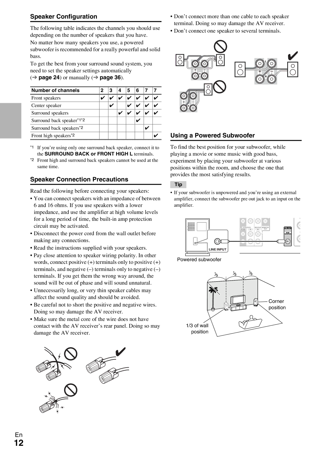 Onkyo HT-R590 Speaker Configuration, Speaker Connection Precautions, Using a Powered Subwoofer, Number of channels 