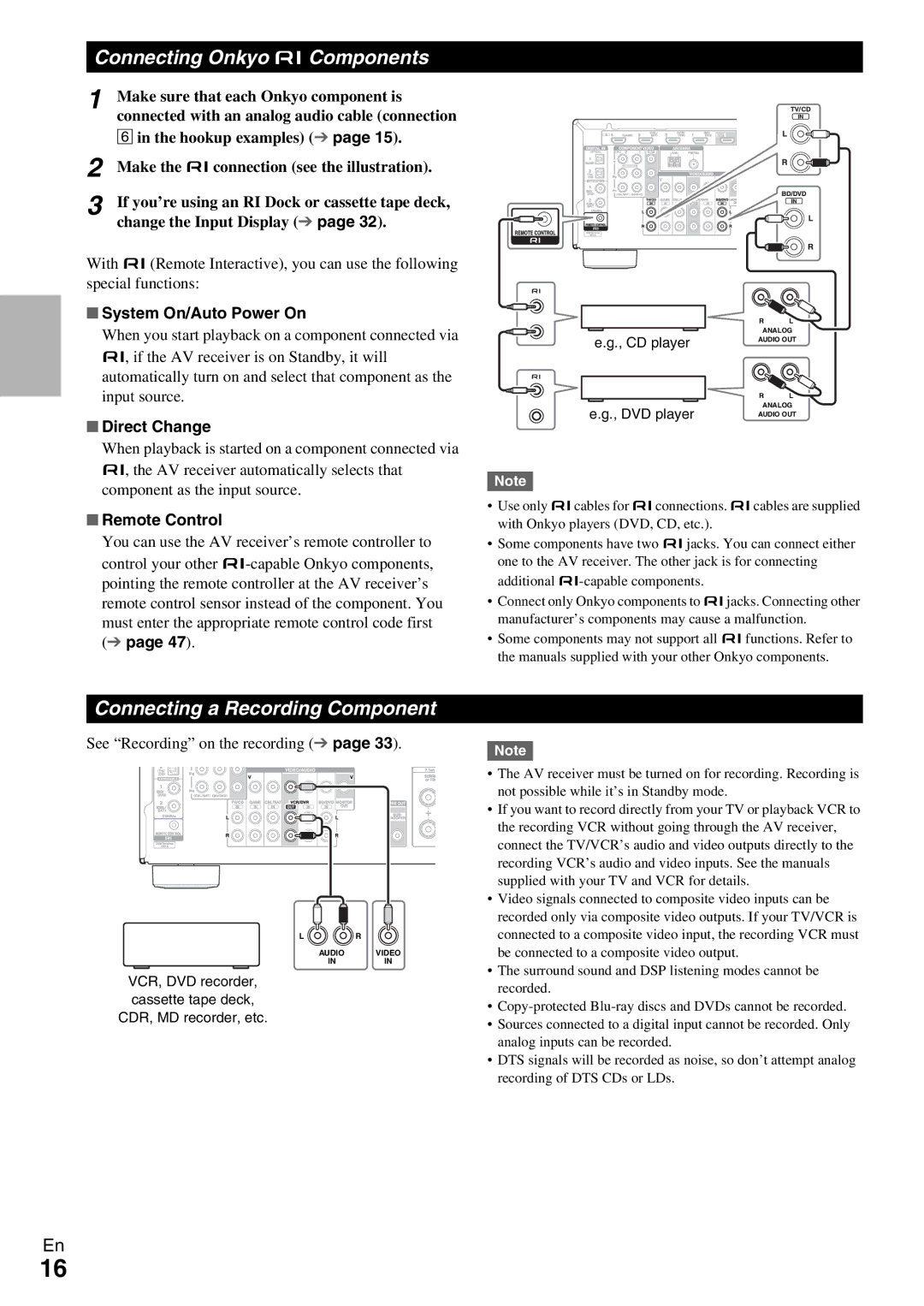 Onkyo HT-R590 Connecting Onkyo uComponents, Connecting a Recording Component, System On/Auto Power On, Direct Change 