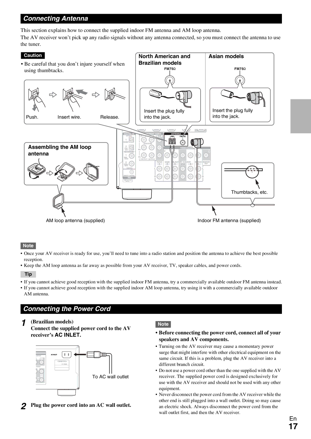 Onkyo HT-R590 instruction manual Connecting Antenna, Connecting the Power Cord 