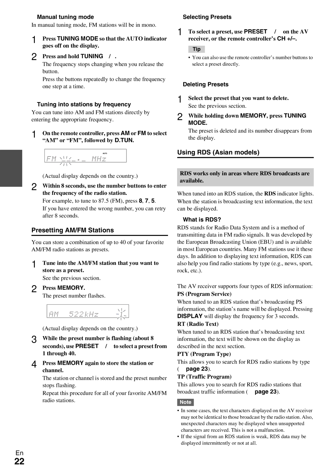 Onkyo HT-R590 instruction manual Presetting AM/FM Stations, Using RDS Asian models 