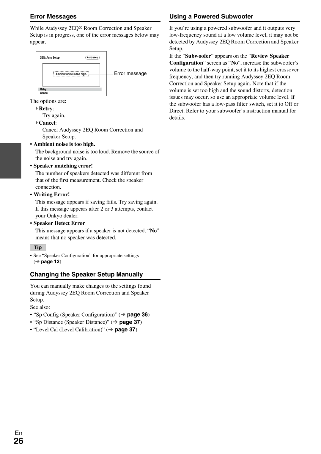 Onkyo HT-R590 instruction manual Error Messages, Changing the Speaker Setup Manually 