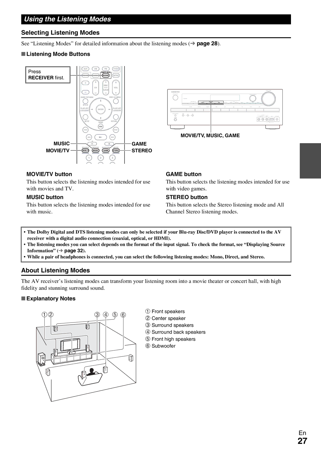 Onkyo HT-R590 instruction manual Using the Listening Modes, Selecting Listening Modes, About Listening Modes 