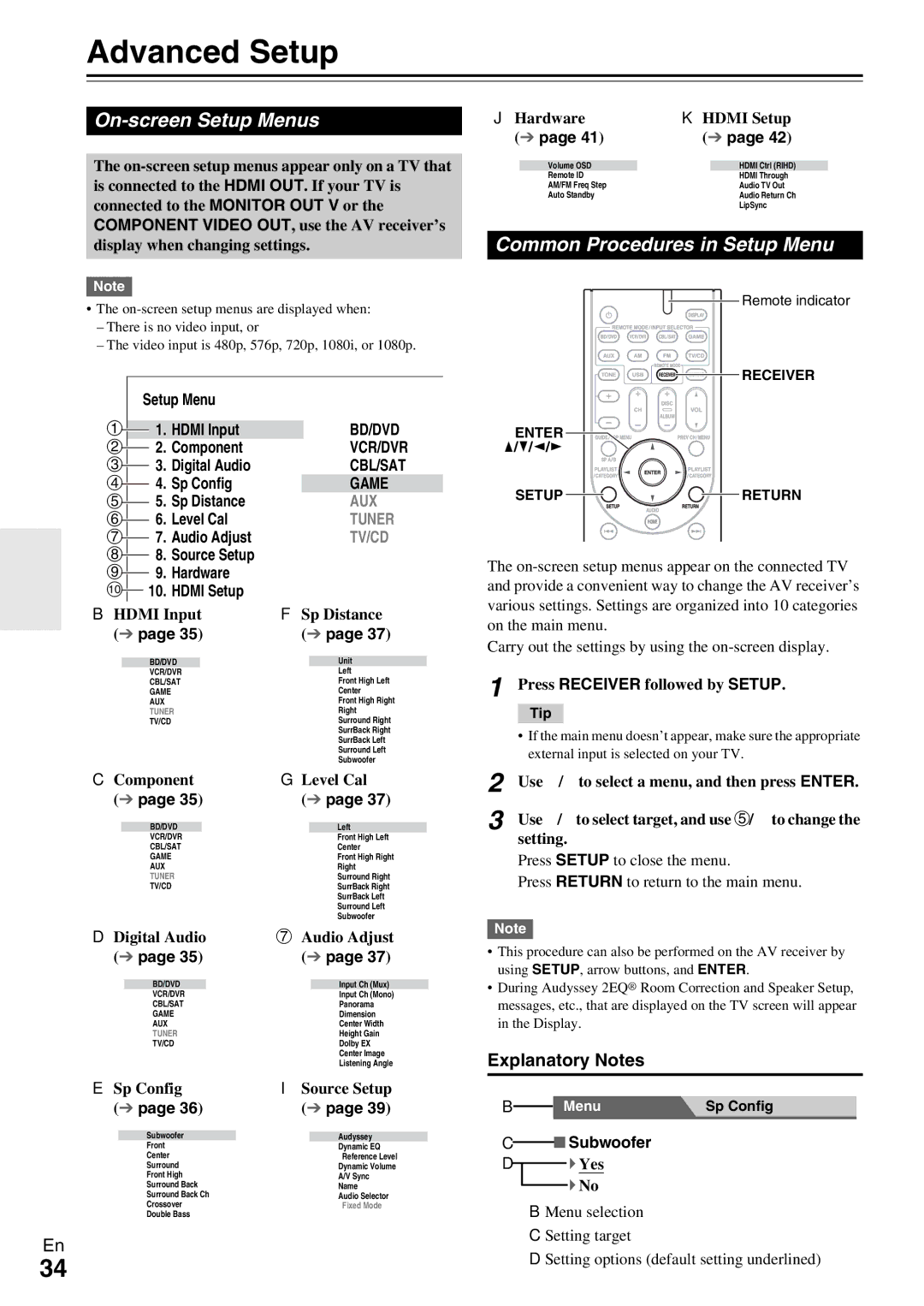 Onkyo HT-R590 instruction manual Advanced Setup, On-screen Setup Menus, Common Procedures in Setup Menu, Explanatory Notes 