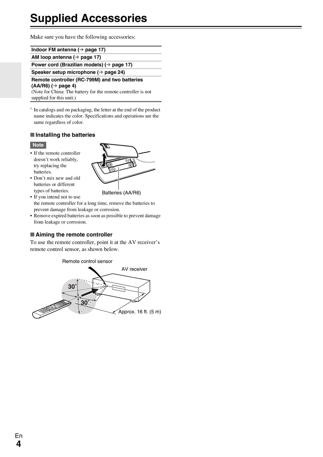 Onkyo HT-R590 Supplied Accessories, Make sure you have the following accessories, Installing the batteries 