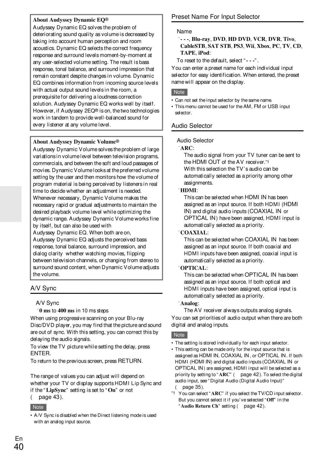 Onkyo HT-R590 instruction manual Sync, Preset Name For Input Selector, Audio Selector 