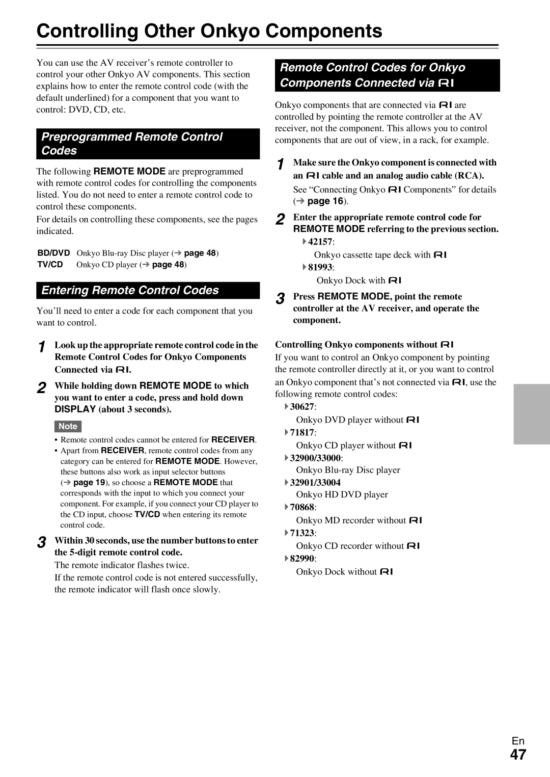 Onkyo HT-R590 Controlling Other Onkyo Components, Preprogrammed Remote Control Codes, Entering Remote Control Codes 