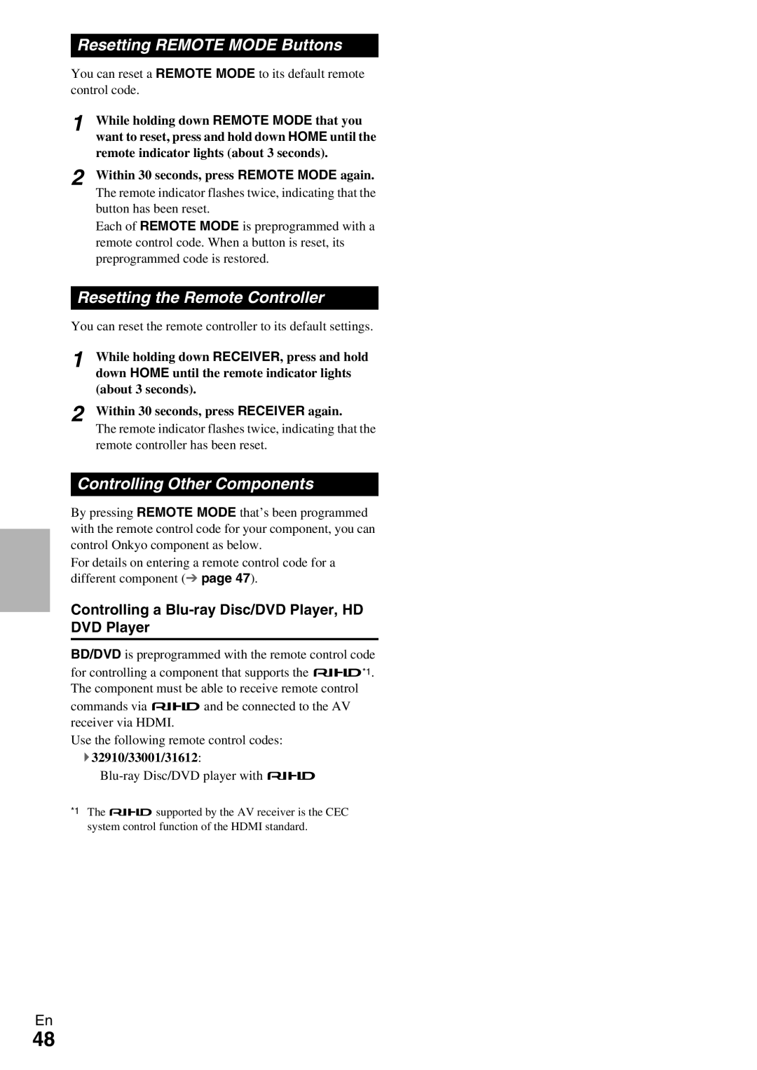 Onkyo HT-R590 Resetting Remote Mode Buttons, Resetting the Remote Controller, Controlling Other Components 