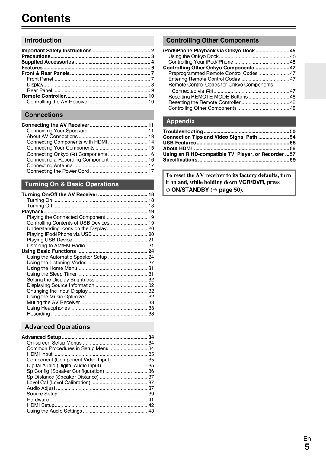 Onkyo HT-R590 instruction manual Contents 