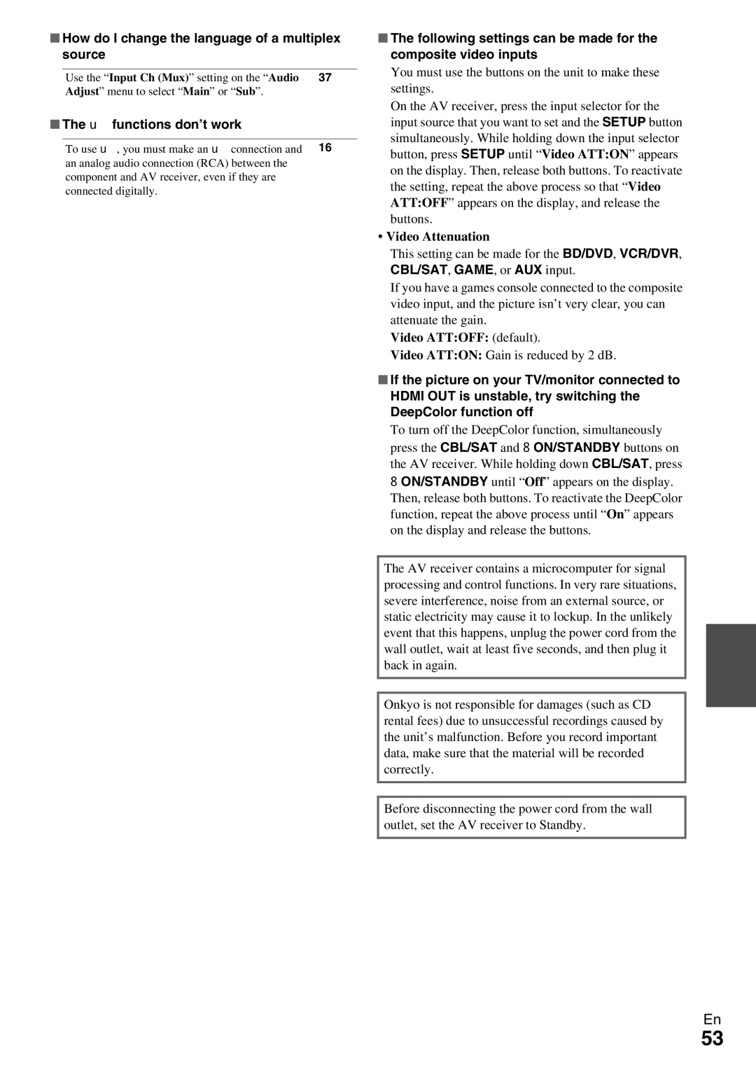 Onkyo HT-R590 How do I change the language of a multiplex source, Ufunctions don’t work, Video Attenuation 