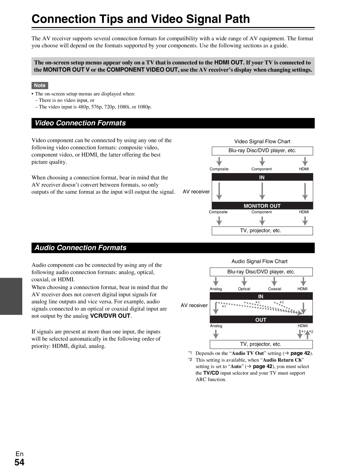 Onkyo HT-R590 instruction manual Connection Tips and Video Signal Path, Video Connection Formats, Audio Connection Formats 