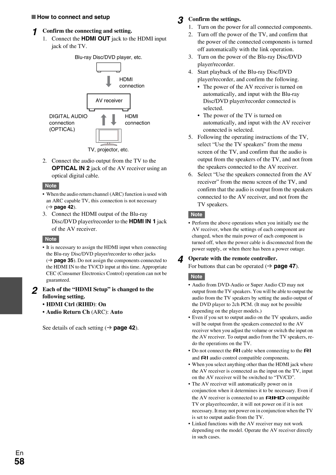 Onkyo HT-R590 instruction manual How to connect and setup, Confirm the connecting and setting, Confirm the settings 