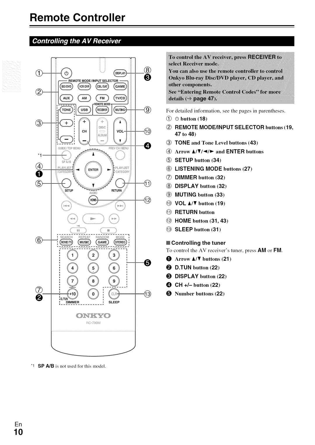 Onkyo HT-R590 Remote Controller, @ button, Remote MODE/INPUT Selector buttons19 47 to, Controlling the tuner 