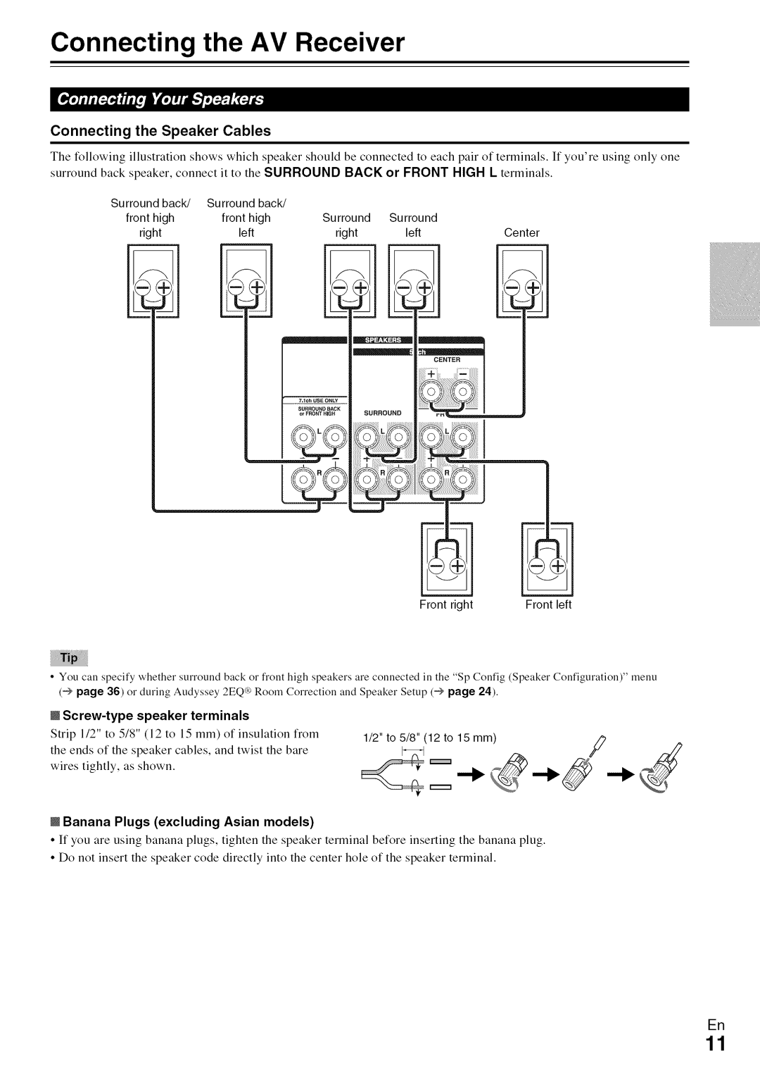 Onkyo HT-R590 Connecting the AV Receiver, Connecting the Speaker Cables, Banana Plugs excluding Asian models 